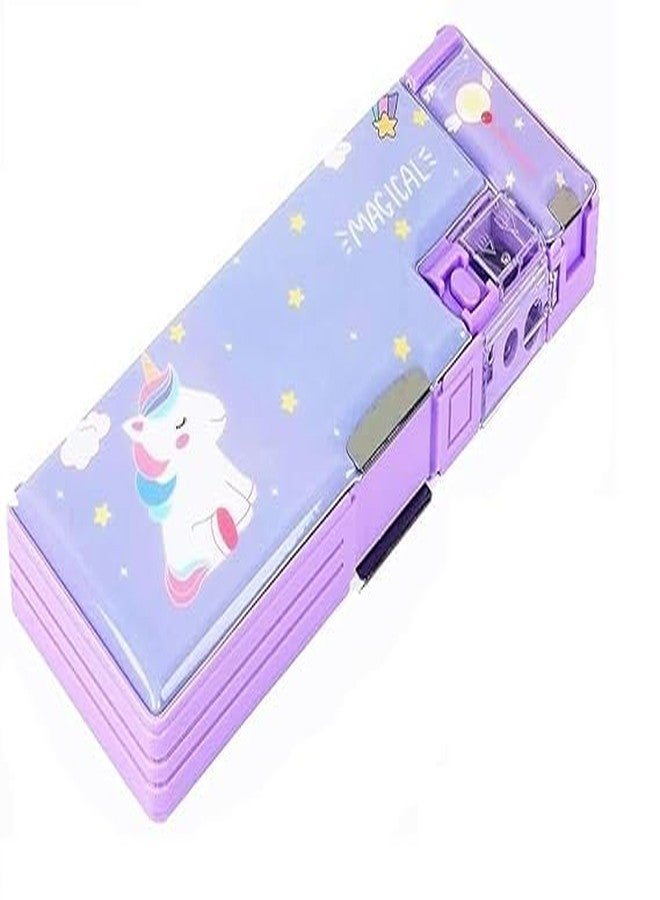 Parshya Magical Multifunctional Cute School Pencil Canvas for Girls, Unicorn Compass Box for Boys, Aesthetic Stationary Items for Kids, Magnetic Pencil Box, Best Gifts (Magical Purple Compass Box) - Image 1